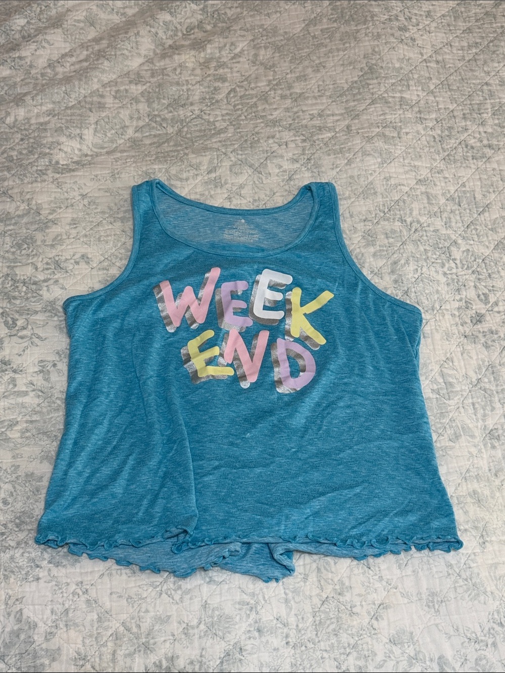 Secret Treasures Blue Tank Top with Colorful 'WEEKEND' Graphic